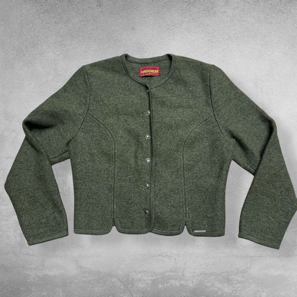 GEIGER Austria 100% Boiled Wool Cropped Cardigan Sweater Jacket Green 40 US 10